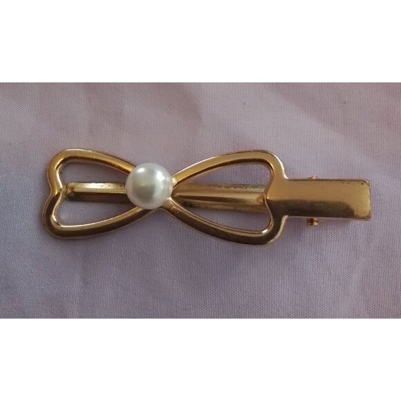 Vintage Gold Tone Bow Tie Hair Clip Barrette With Faux Pearl Accent - Picture 1 of 2